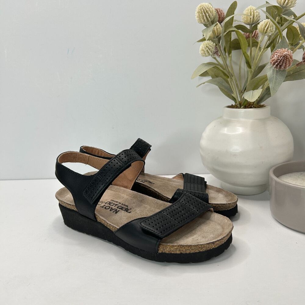 Naot Vivian Leather Wedge Cork Sandal Black Women's 5/EU36 NWOB Comfort Shoe